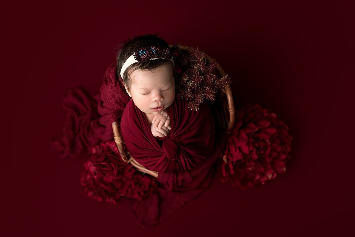 Baby Girl Red Scenario Newborn Session Orlando